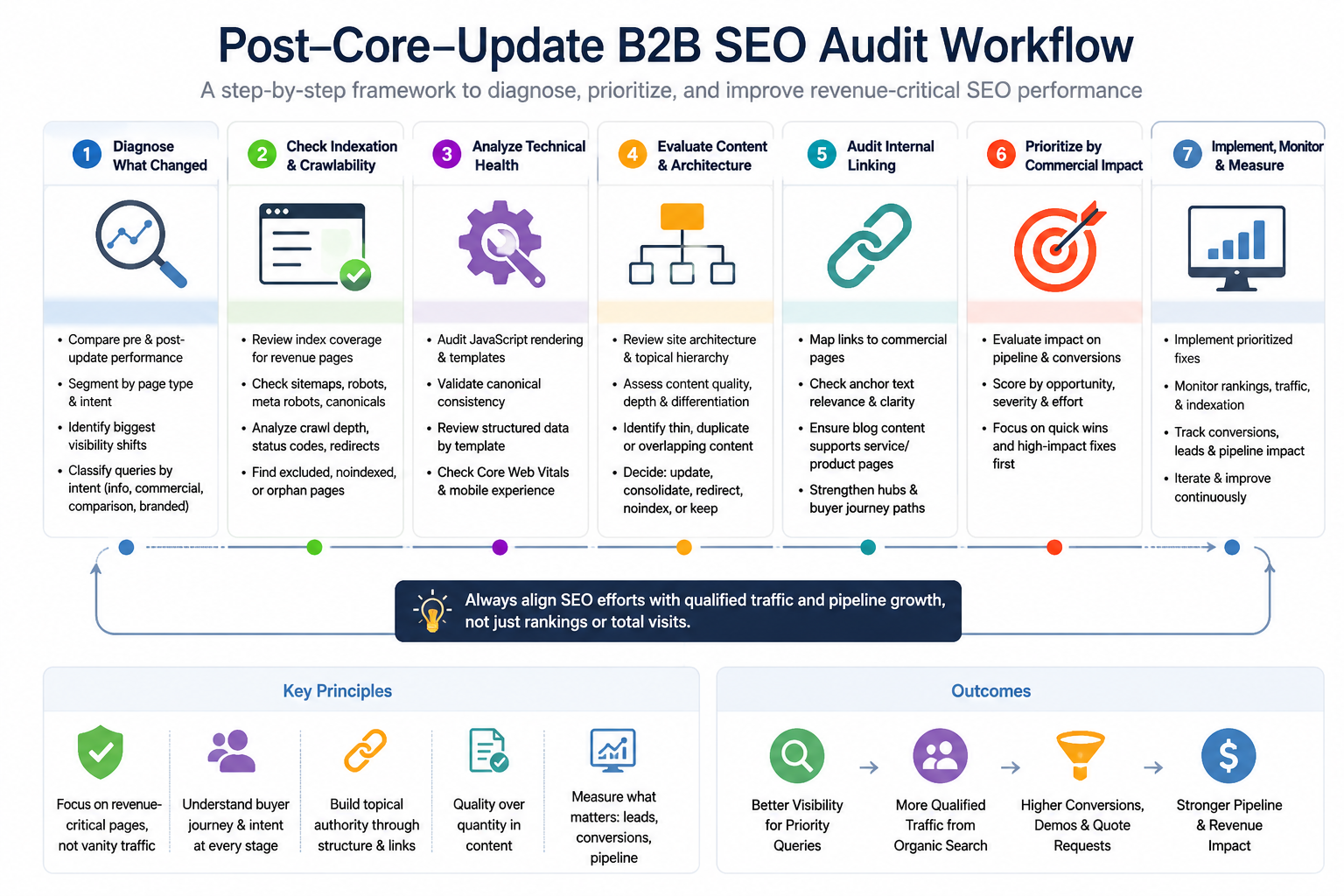B2B SEO audit workflow for reviewing indexation, content, internal links, and pipeline impact.
