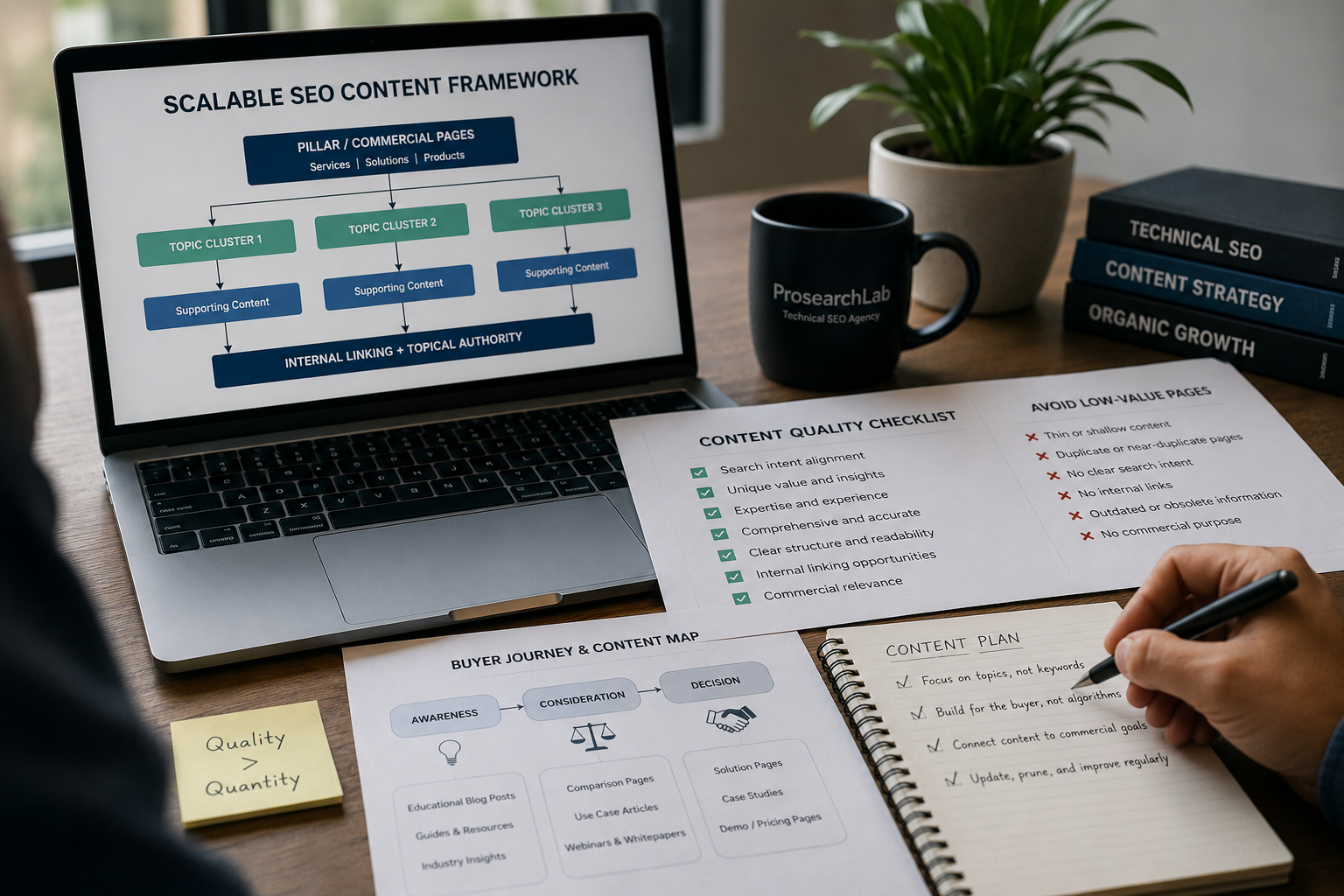 B2B SEO content strategy workspace showing a scalable content framework, quality checklist, and internal linking plan for avoiding low-value pages.